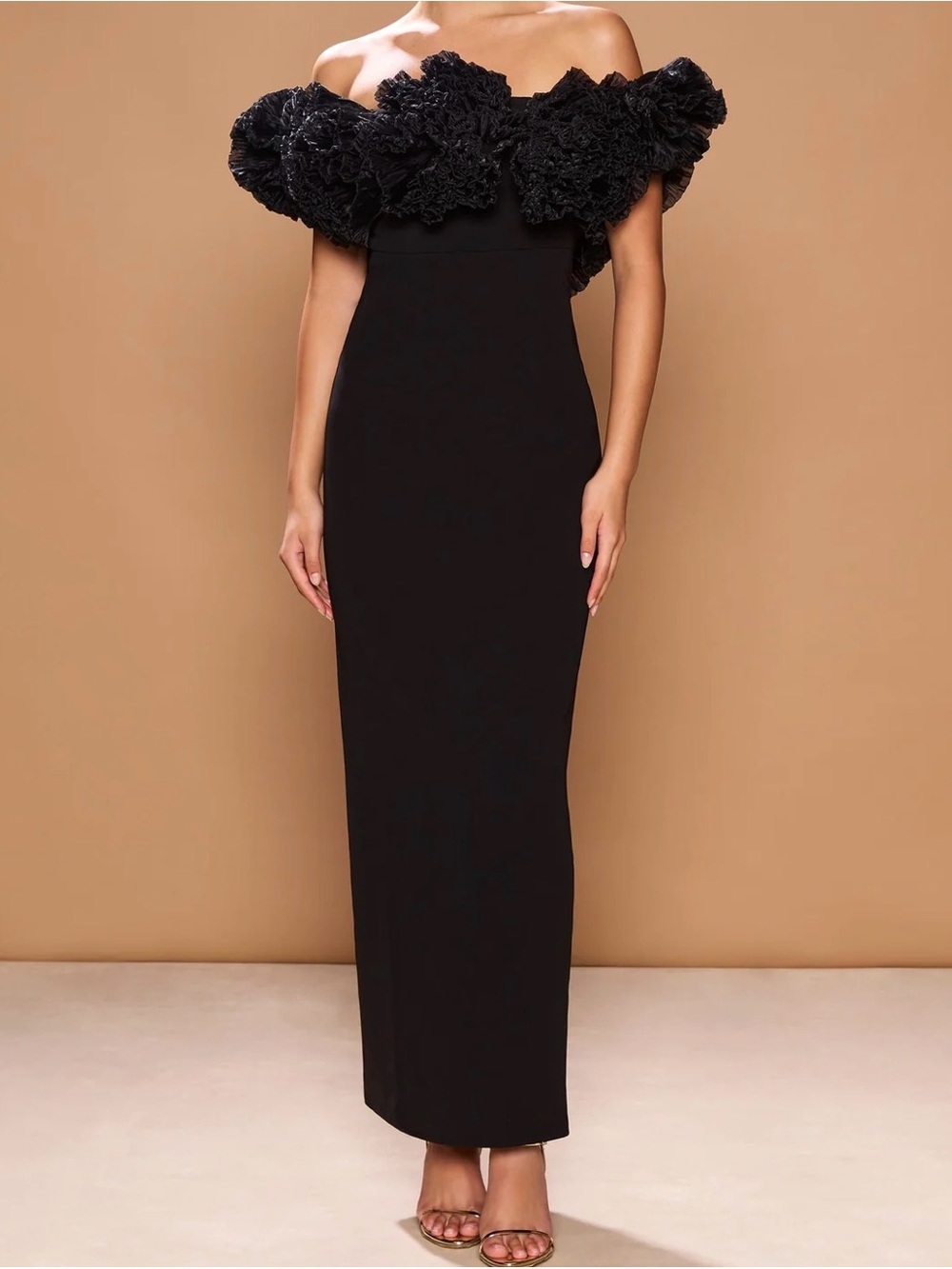 Strapless Black Ruffled Appliqué Column Dress